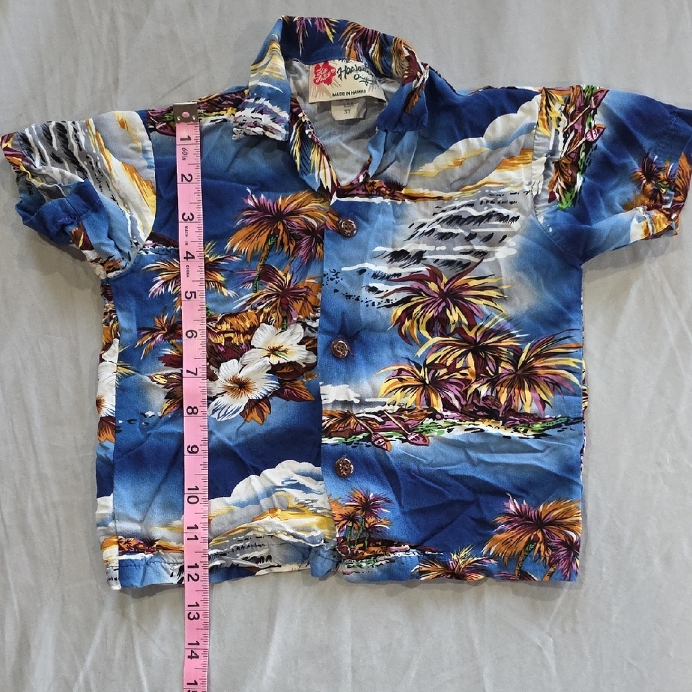 Kids Blue Hawaiian Button-Down Shirt with Tropical Print Camp Shirt - Picture 4 of 6